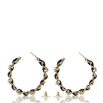 Chanel Lambskin Pearl CC Chain Hoop Earrings Gold Black 3 of 4