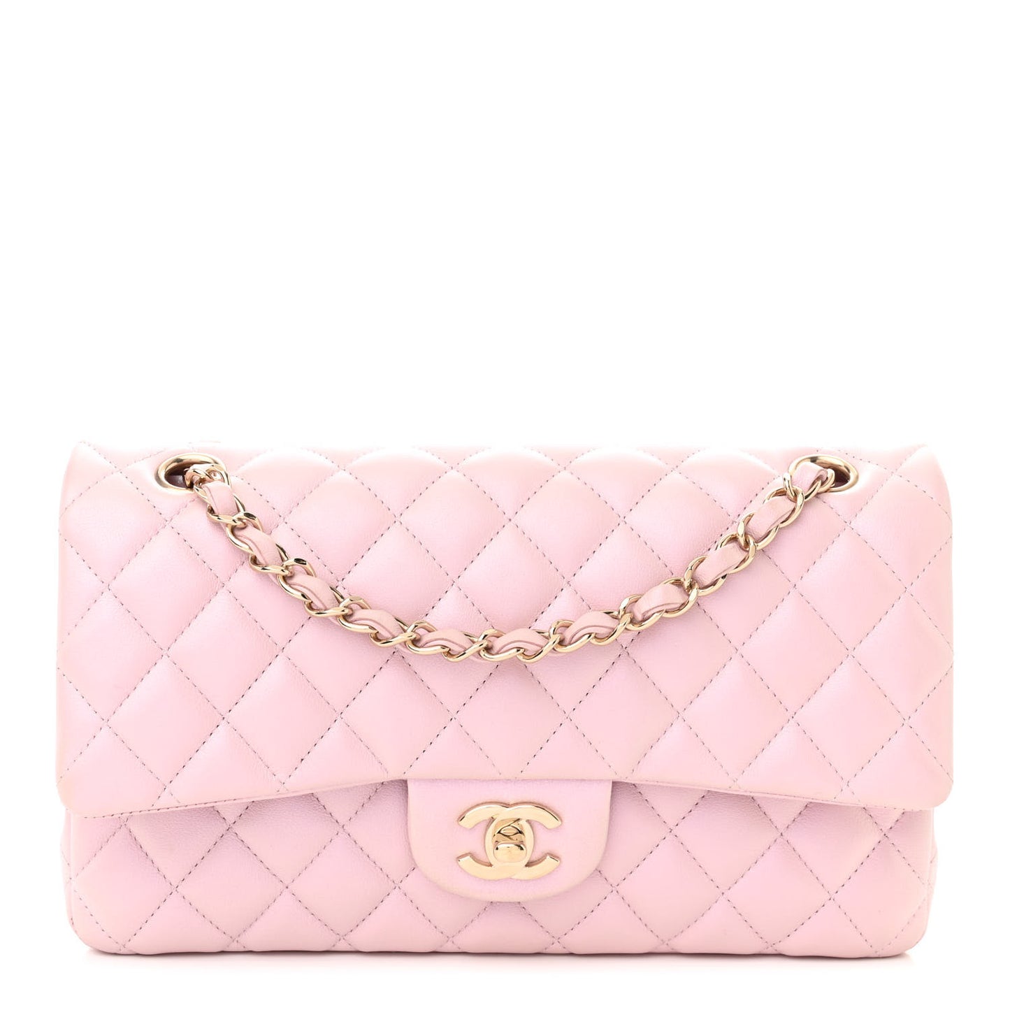 Iridescent Calfskin Quilted Medium Double Flap Light Pink