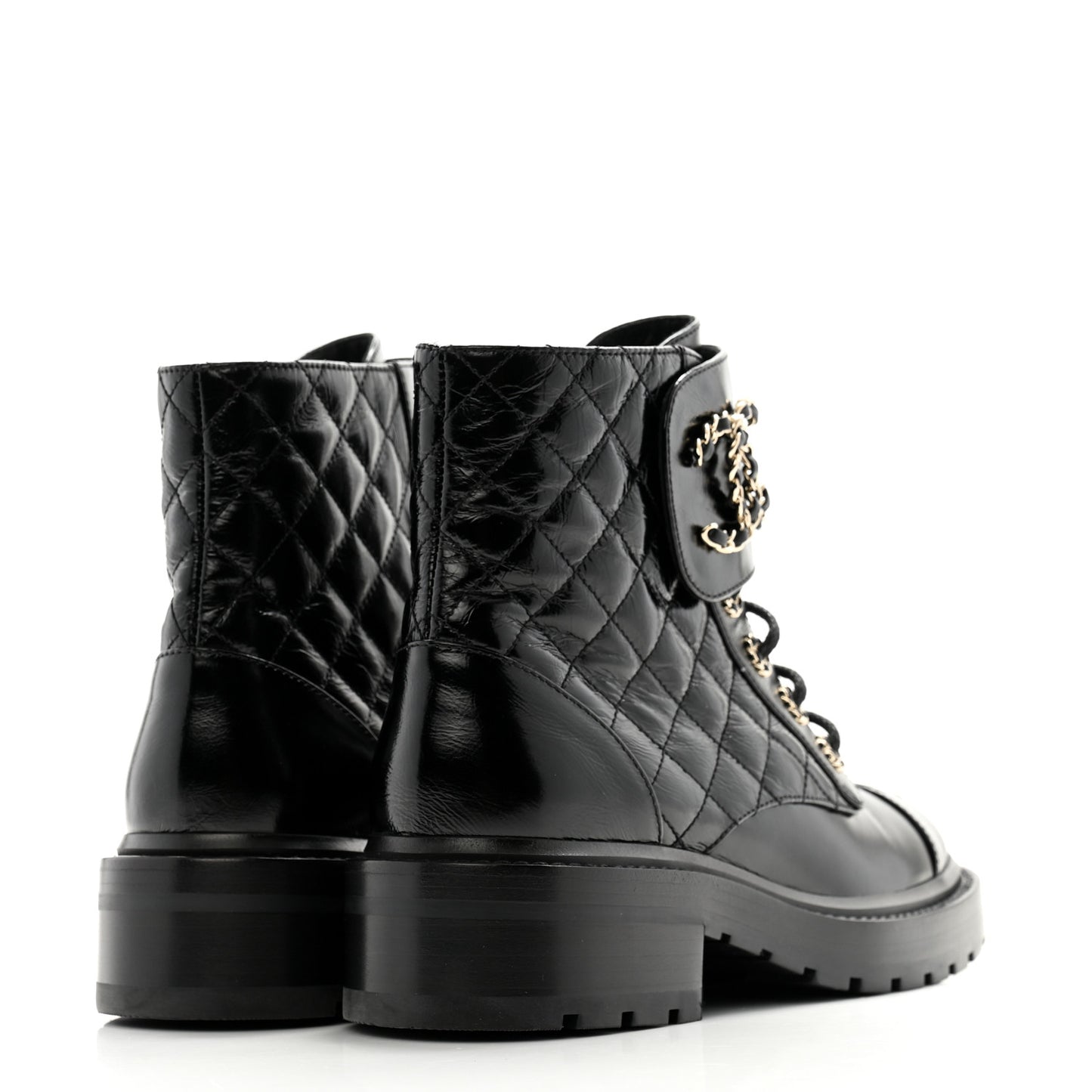 Shiny Calfskin Quilted Lace Up Combat Boots 37 Black