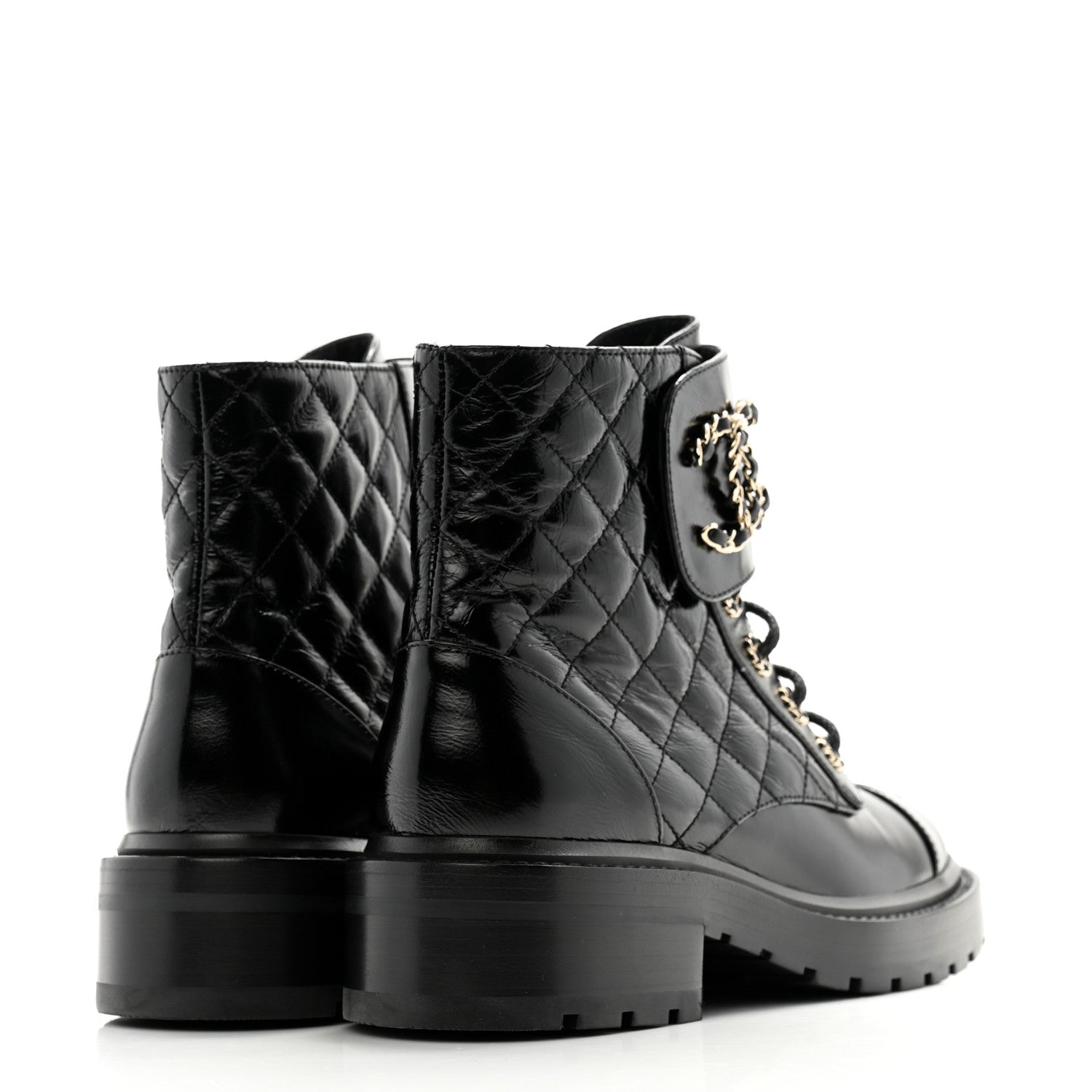 Chanel Shiny Calfskin Quilted Lace Up Combat Boots 37 Black 4 of 12