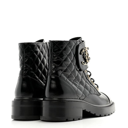 Chanel Shiny Calfskin Quilted Lace Up Combat Boots 37 Black 4 of 12