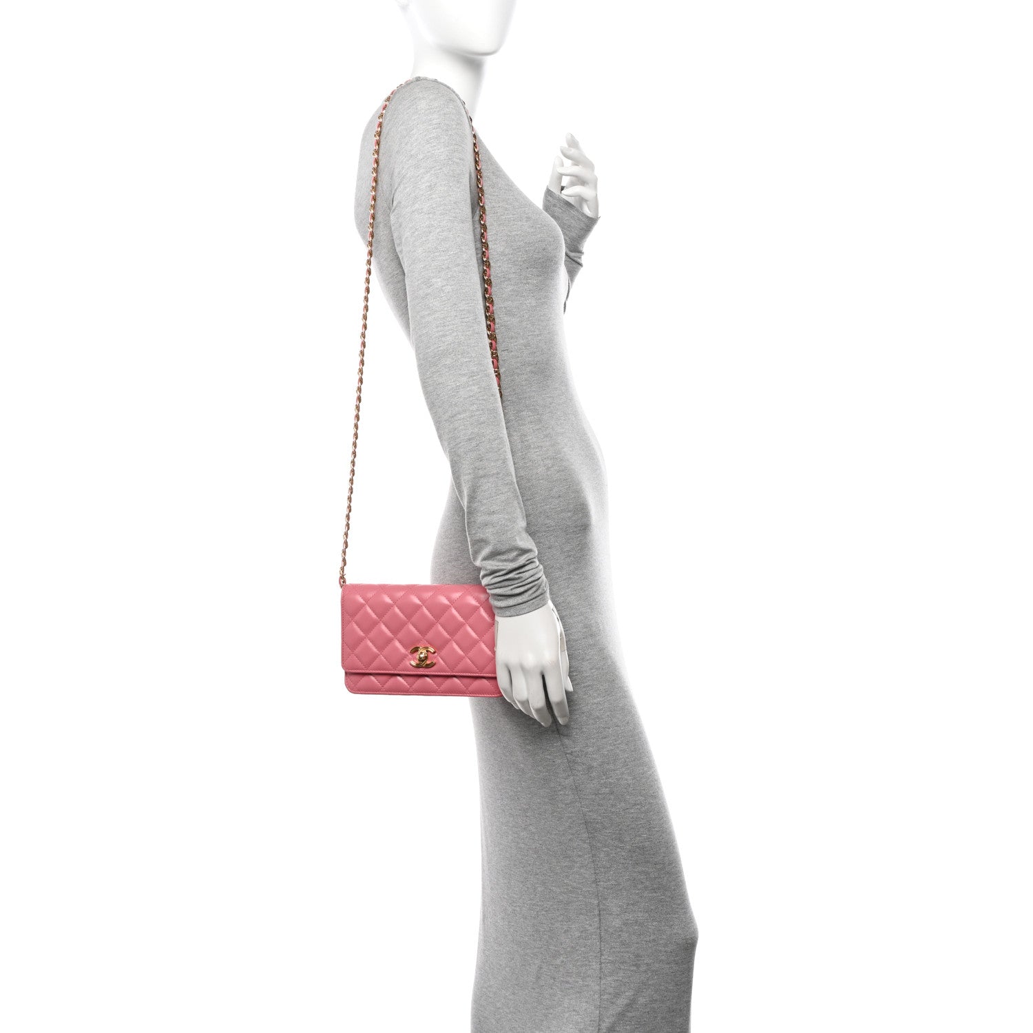 Chanel Shiny Lambskin Quilted Golden Links Wallet On Chain WOC Pink 2 of 12