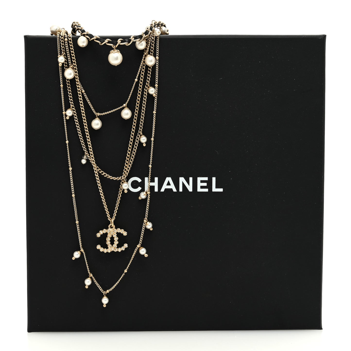 Pearl Crystal Lambskin CC Short Multi Strand Necklace Gold Black