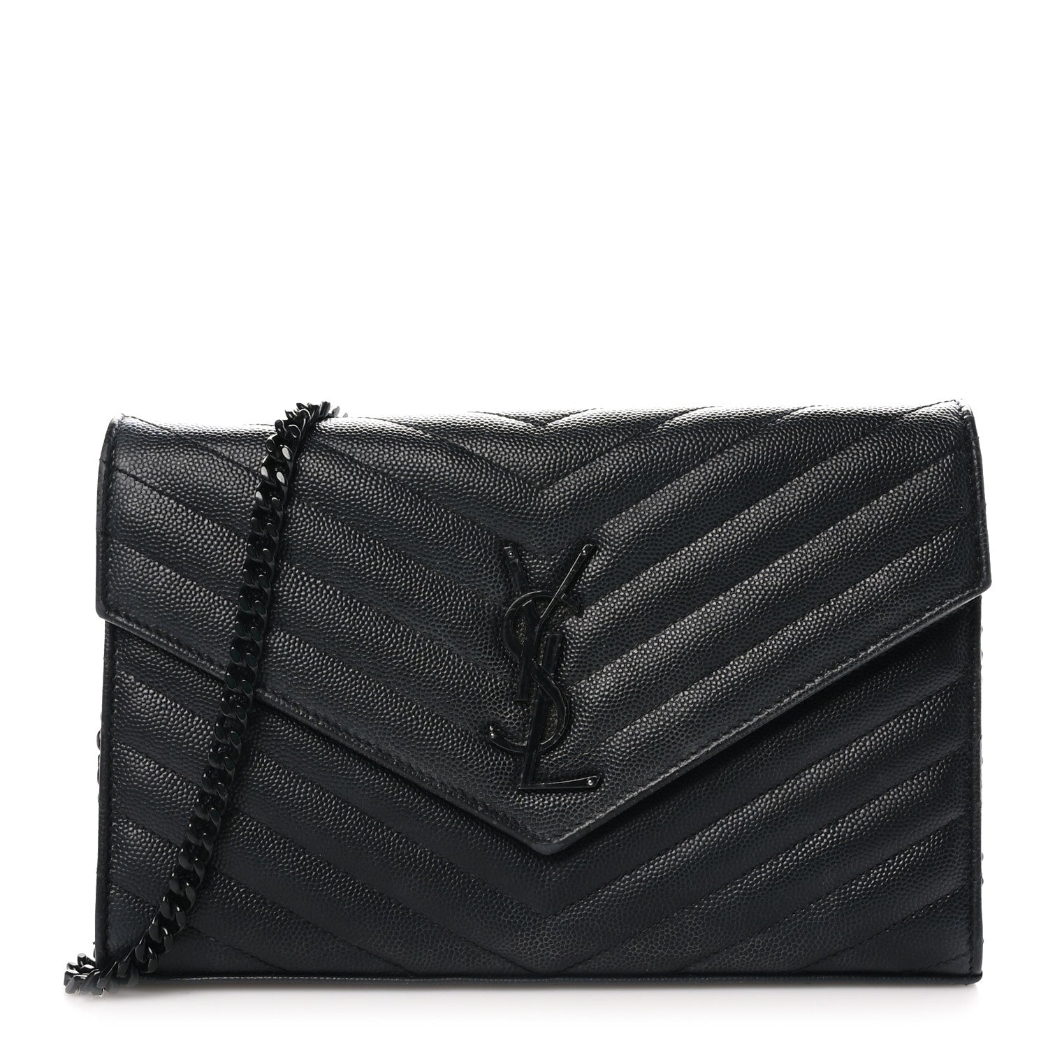 Saint Laurent Grain De Poudre Matelasse Chevron Monogram Monochrome Chain Wallet Black 1 of 9