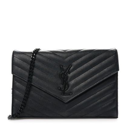 Saint Laurent Grain De Poudre Matelasse Chevron Monogram Monochrome Chain Wallet Black 1 of 9