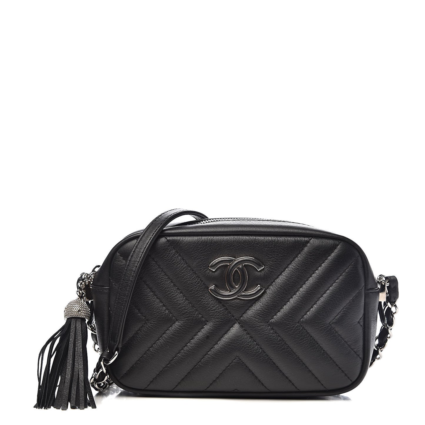 Lambskin Diagonal Chevron Quilted Tassel Camera Case Black