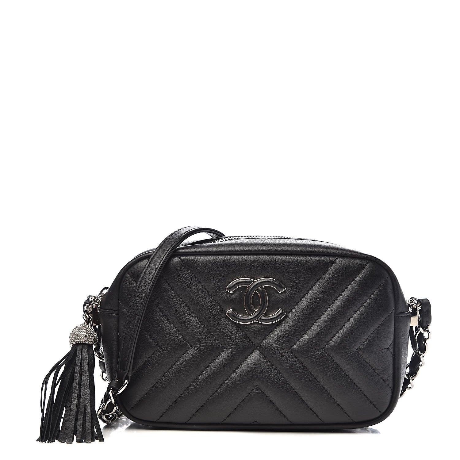 Chanel Lambskin Diagonal Chevron Quilted Tassel Camera Case Black 1 of 12