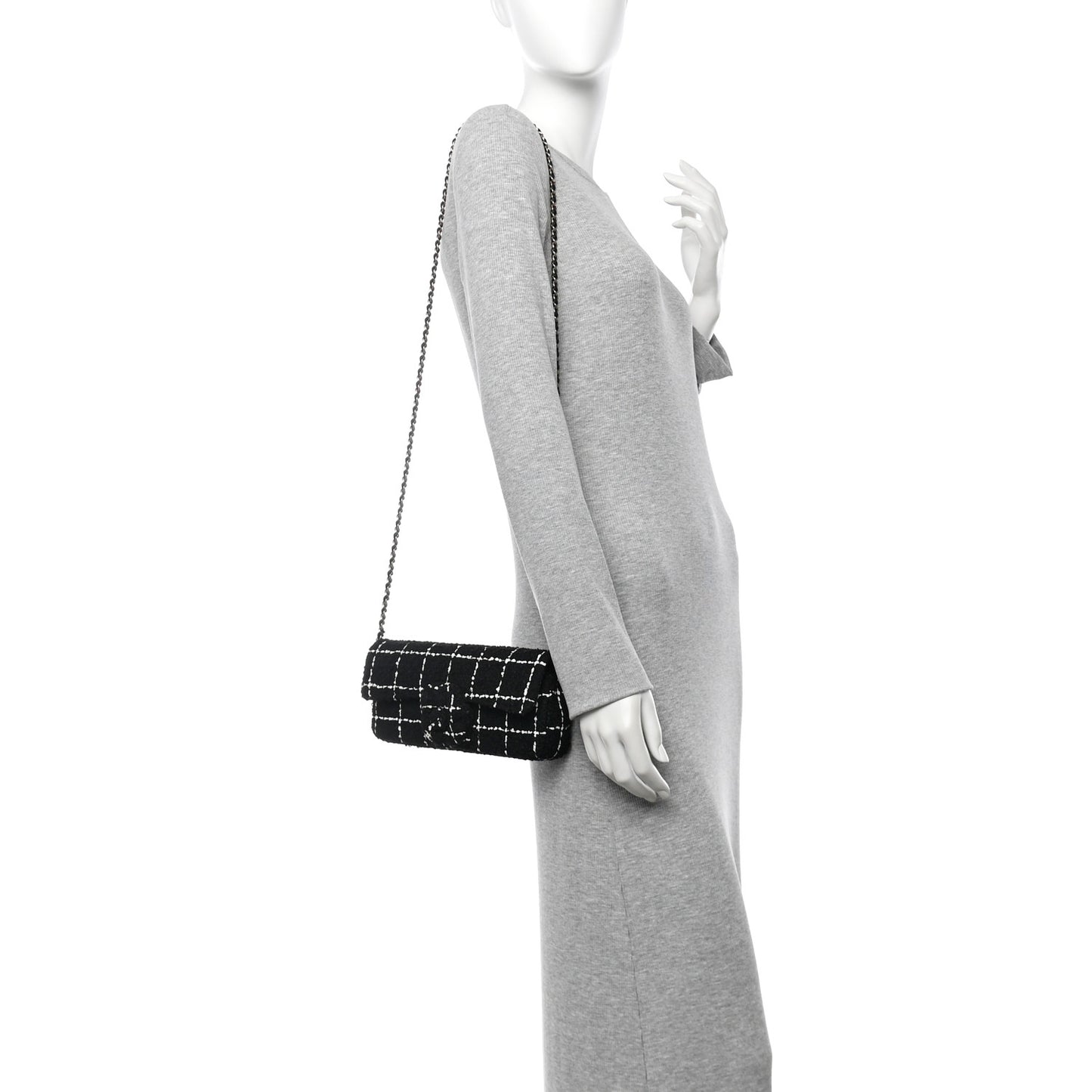 Tweed Quilted East West Camellia Clutch  Black White