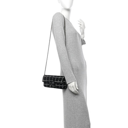 Chanel Tweed Quilted East West Camellia Clutch  Black White 2 of 11