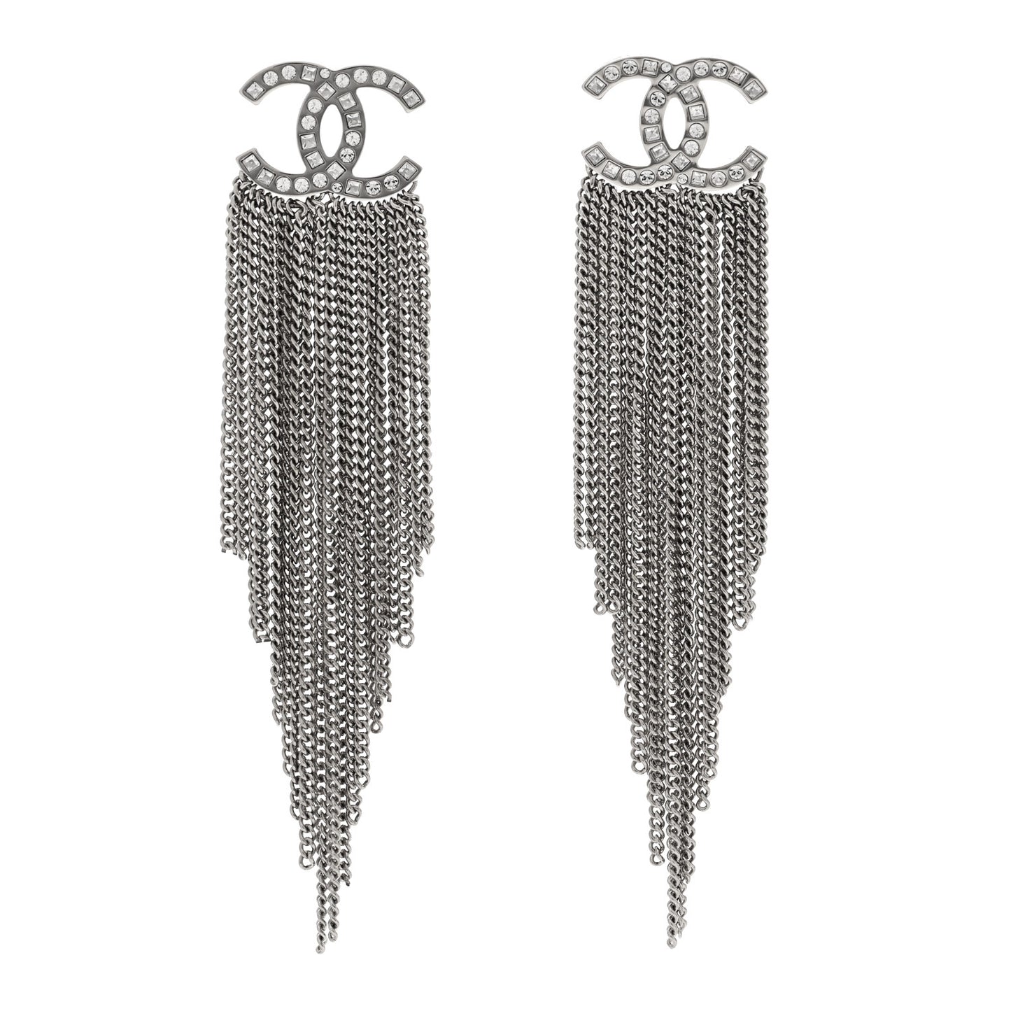 Baguette Crystal CC Chain Drop Earrings Silver