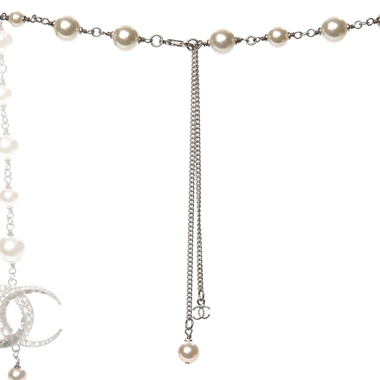 Pearl Baguette Crystal CC Moon Long Necklace Silver