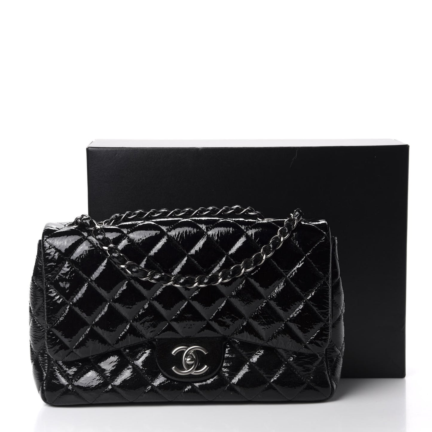 Distressed Patent Quilted Jumbo Single Flap Black