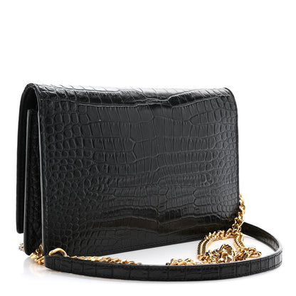 Saint Laurent Calfskin Crocodile Embossed Kate Monogram Tassel Chain Wallet Black 3 of 13