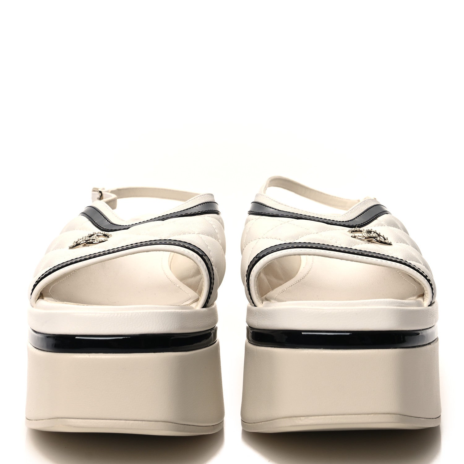Chanel Lambskin Patent Quilted CC Platform Sandals 39 White Black 2 of 8