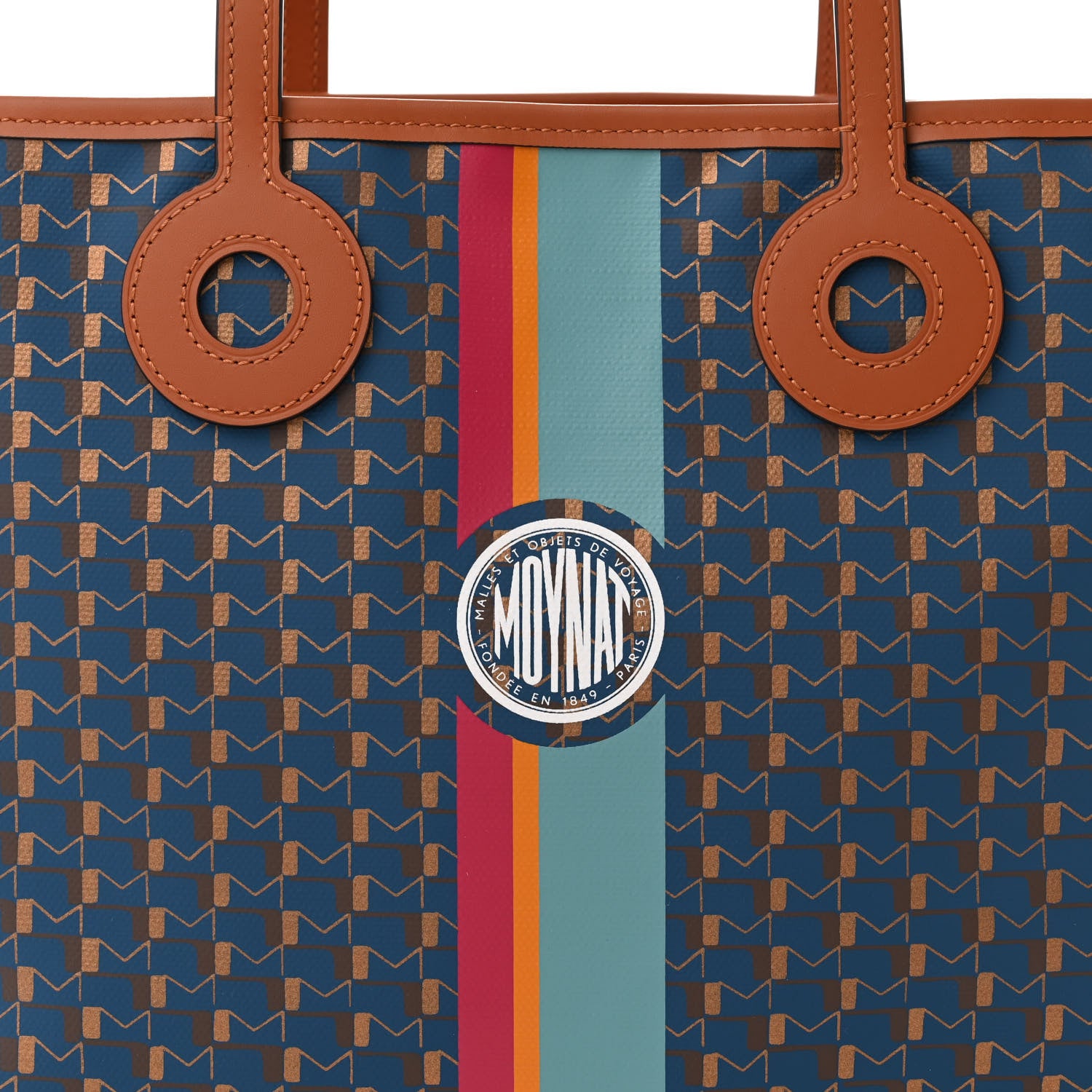 Moynat Grained Calfskin Canvas 1920 Oh! Tote Ruban Duo MM Indigo Bronze Cognac 8 of 10