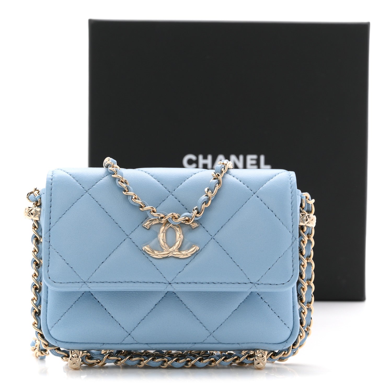 Chanel Lambskin Quilted Chain Around Coin Purse With Chain Light