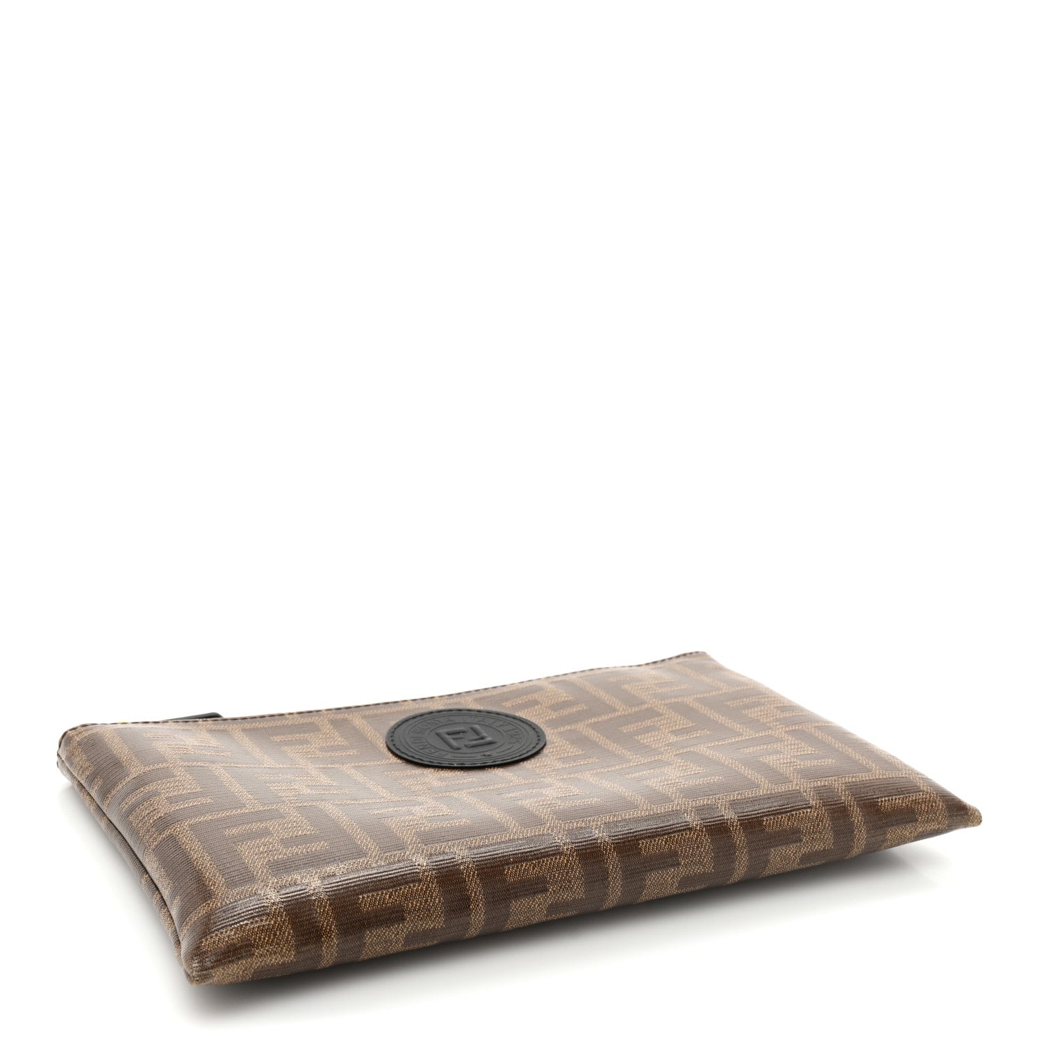 Fendi Glazed Fabric Vitello Century FF 1974 Stamp Patch Small FFreedom Flat Pouch Mogano Panna Black 4 of 9