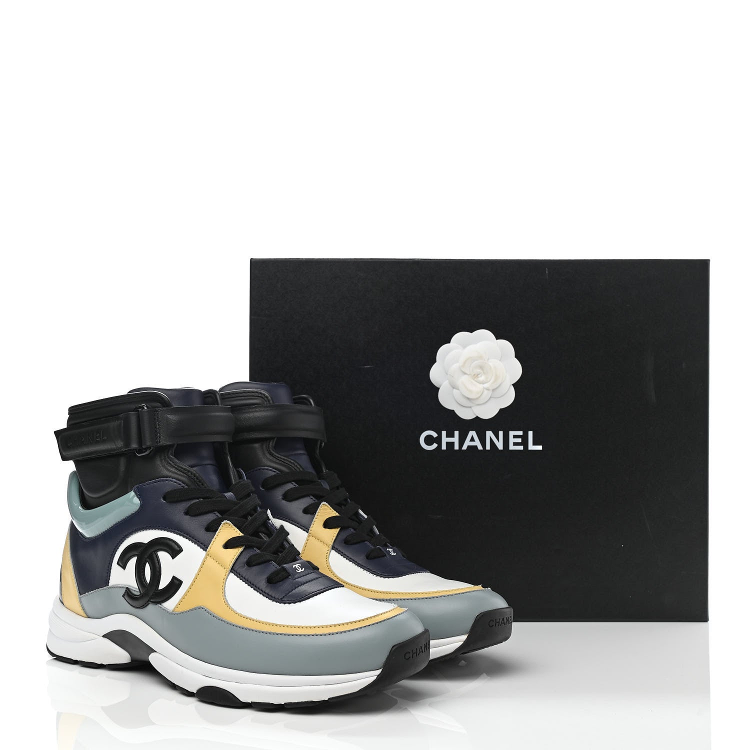 Chanel Calfskin Patent Lambskin Mens CC High Top Sneakers 45 White Yellow Navy Black 9 of 9