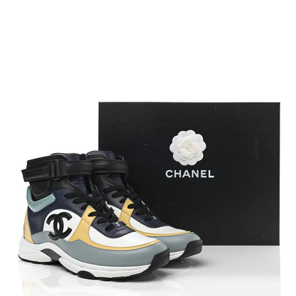Chanel Calfskin Patent Lambskin Mens CC High Top Sneakers 45 White Yellow Navy Black 9 of 9