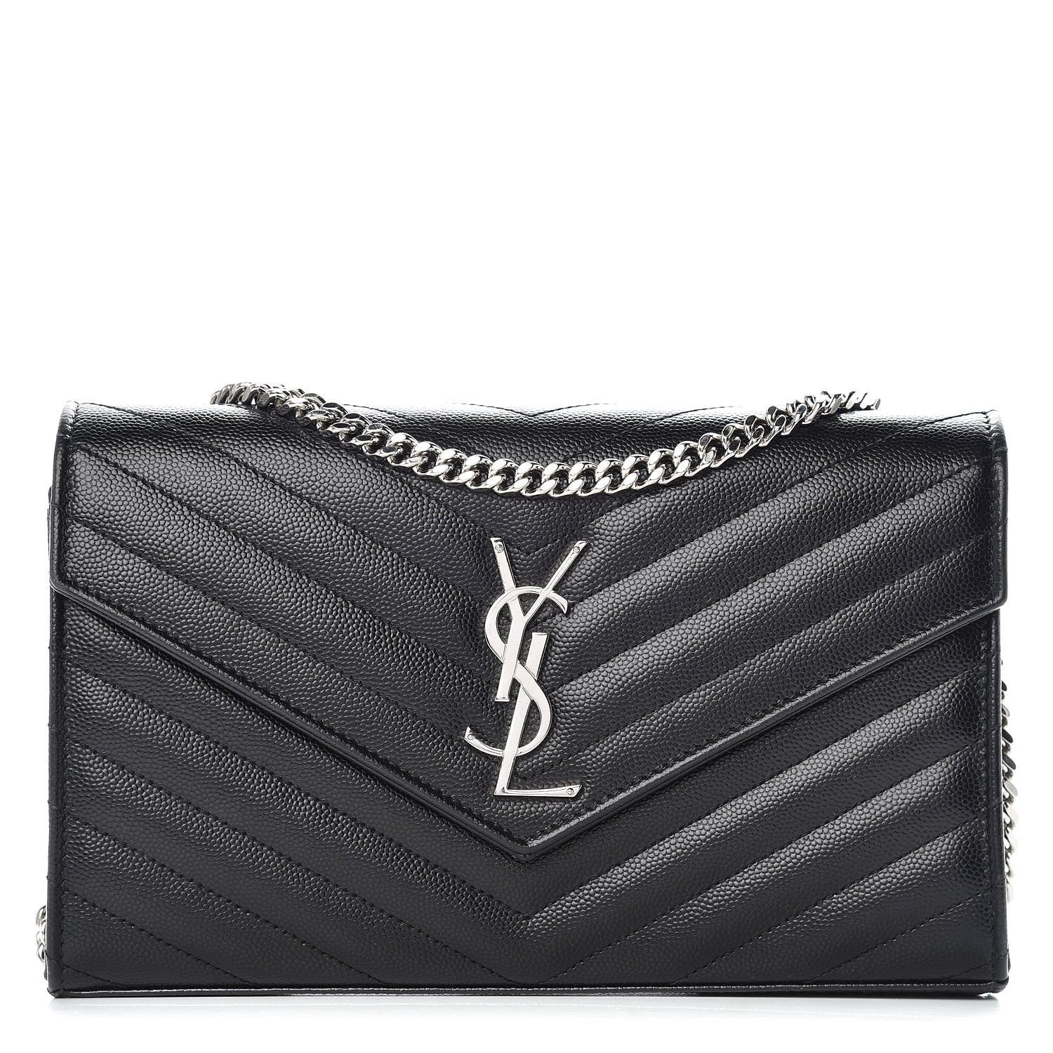 Saint Laurent Grain De Poudre Matelasse Chevron Monogram Chain Wallet Black 1 of 10
