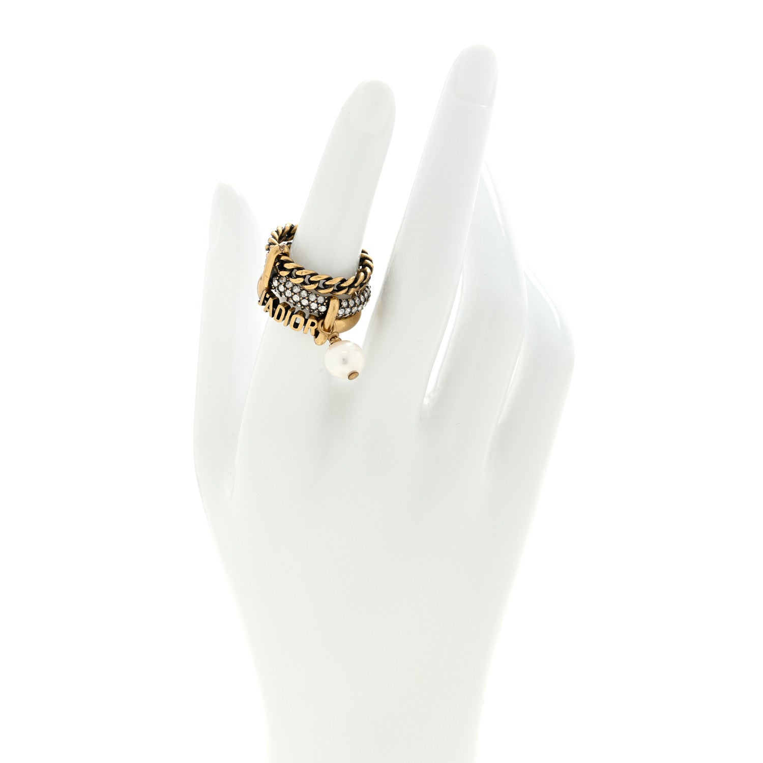 Christian Dior Crystal Pearl Chain J'adior Ring L 50/5.25 Gold 4 of 4