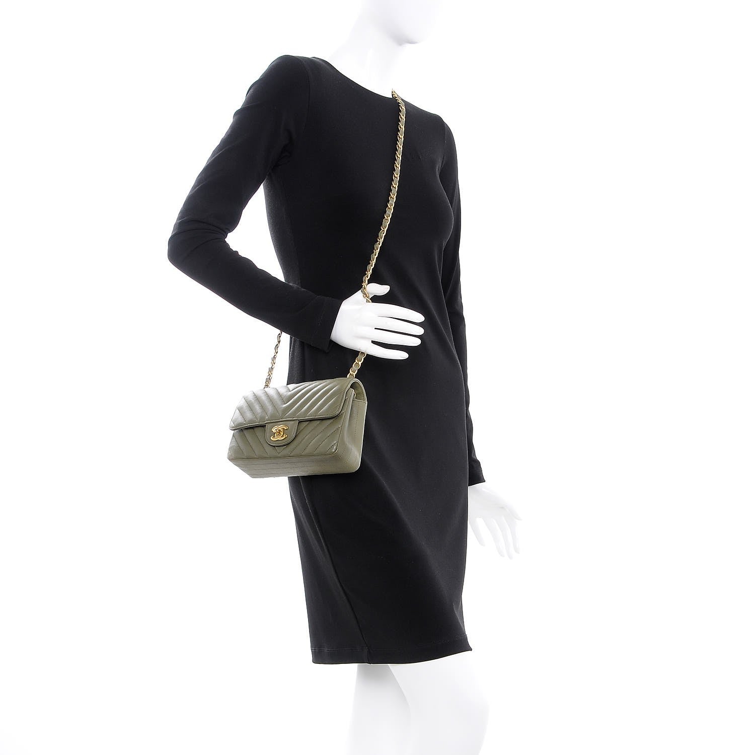 Chanel Calfskin Chevron Quilted Mini Rectangular Flap Khaki 2 of 8