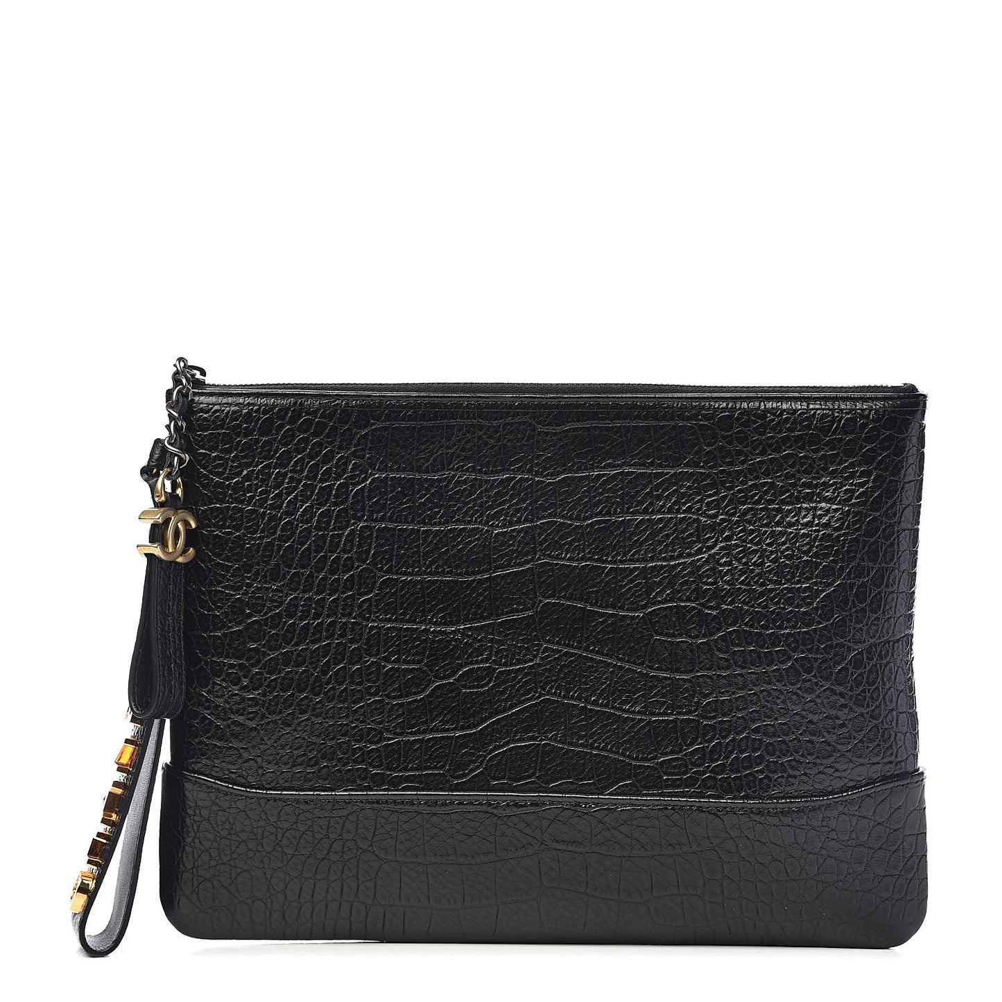 Calfskin Crocodile Embossed Quilted Medium Gabrielle Cosmetic Case Black