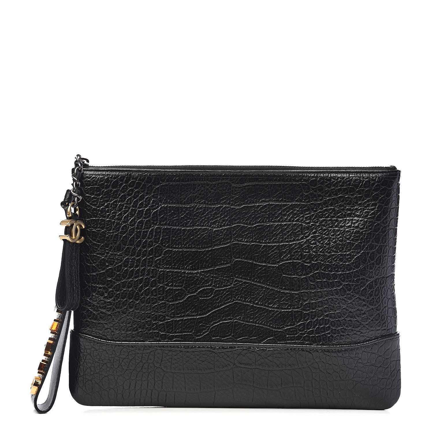 Chanel Calfskin Crocodile Embossed Quilted Medium Gabrielle Cosmetic Case Black 1 of 8