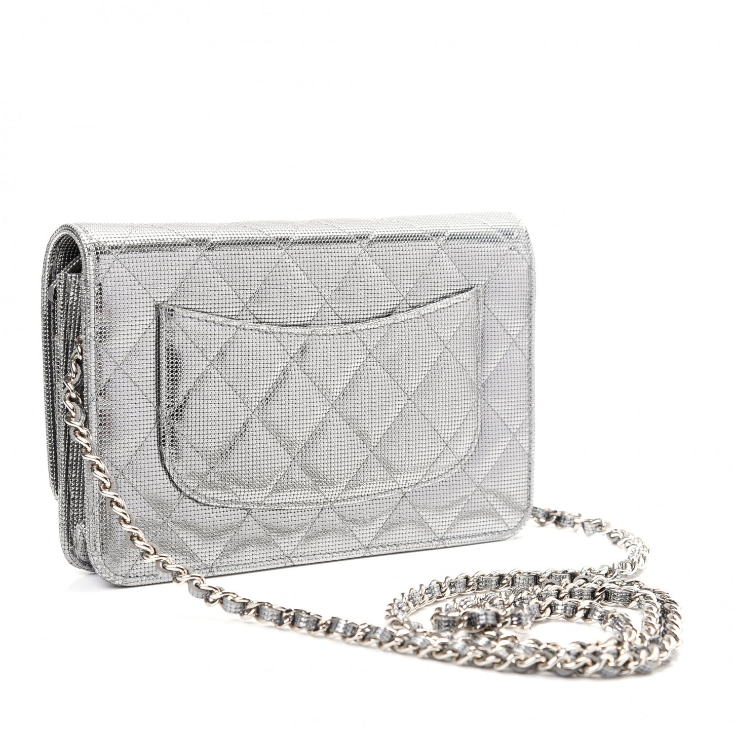 Metallic Calfskin Quilted Pixel Effect Wallet on Chain WOC Silver