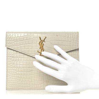 Saint Laurent Calfskin Crocodile Embossed Monogram Uptown Baby Pouch Perle 2 of 11