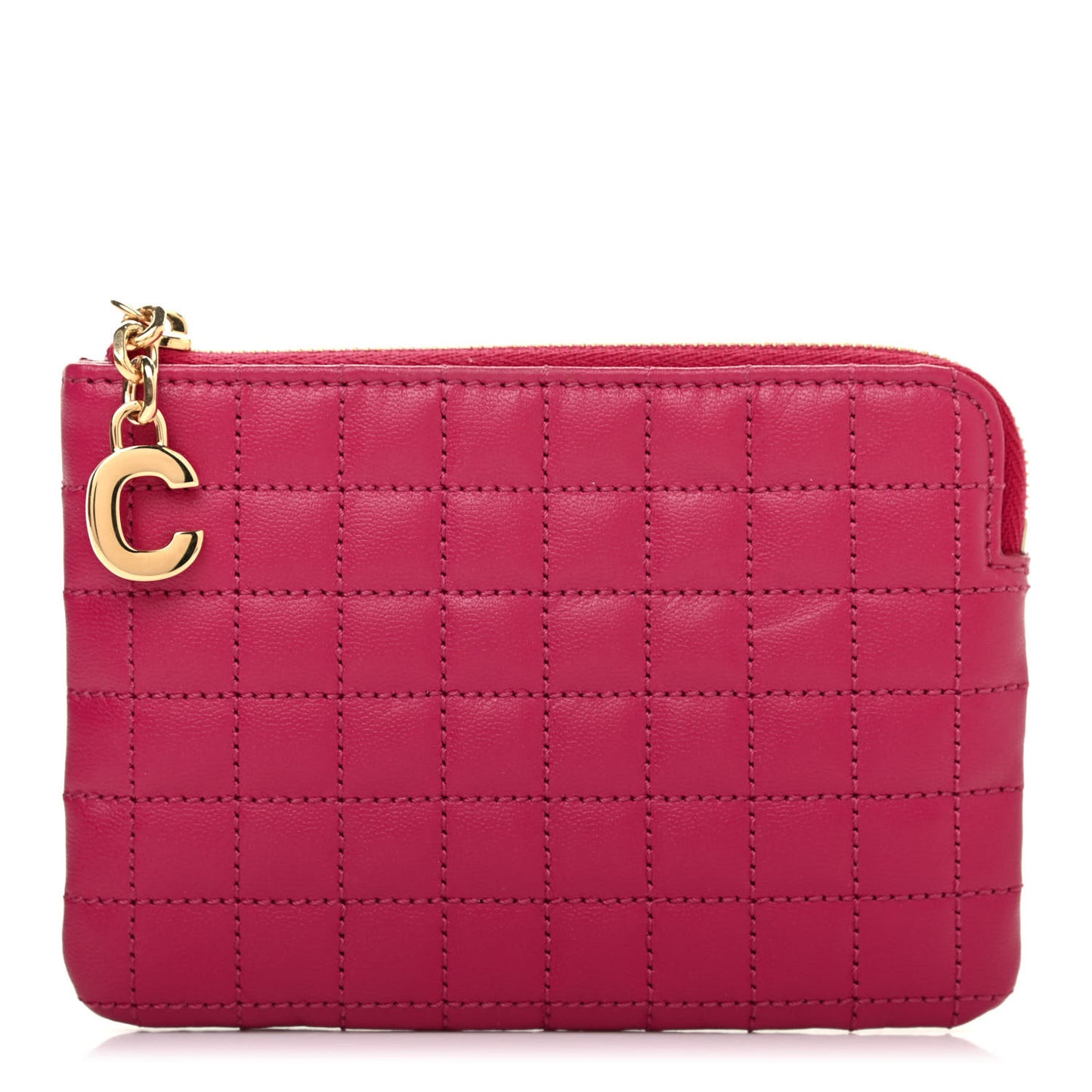 Calfskin Quilted C Charm Coin Card Pouch Pink
