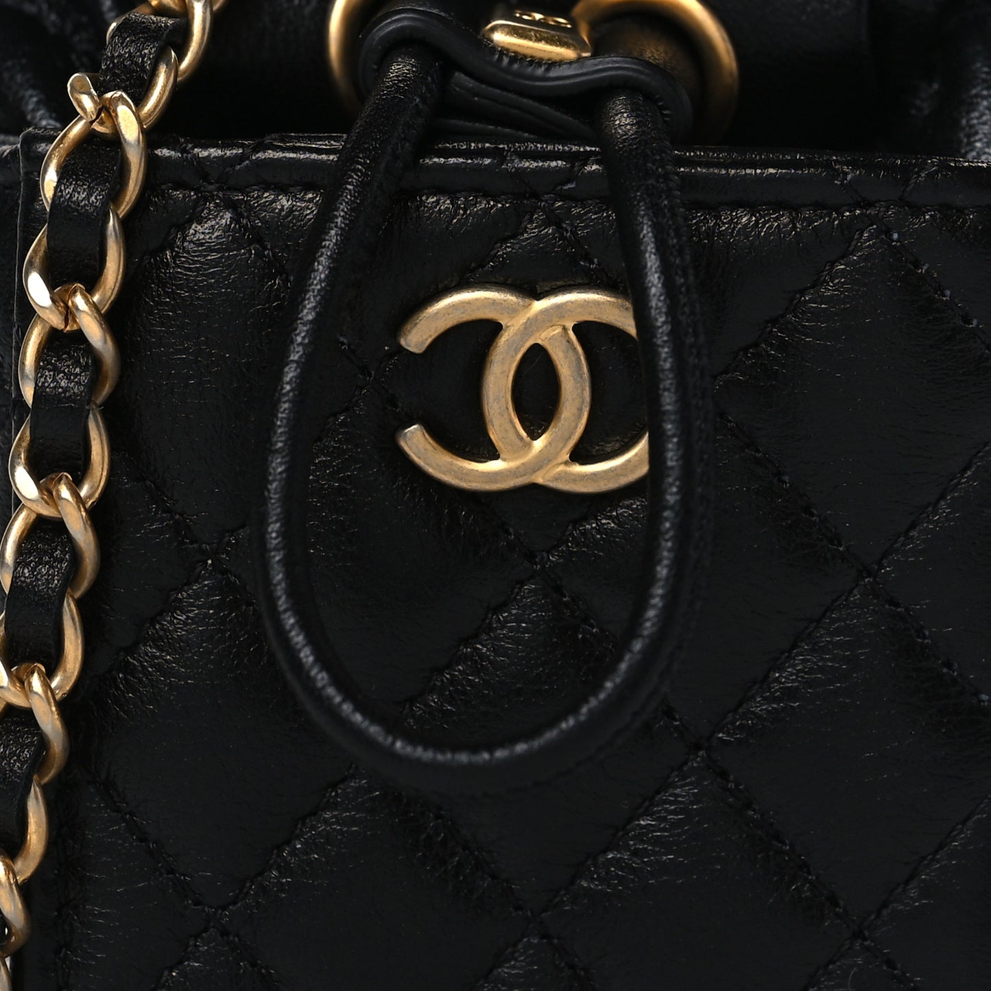 Calfskin Quilted Mini Drawstring Bucket Bag Black