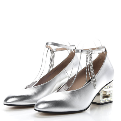 Gucci Metallic Nappa Crystal Square G Mid Heel Pumps 40.5 Silver 3 of 10