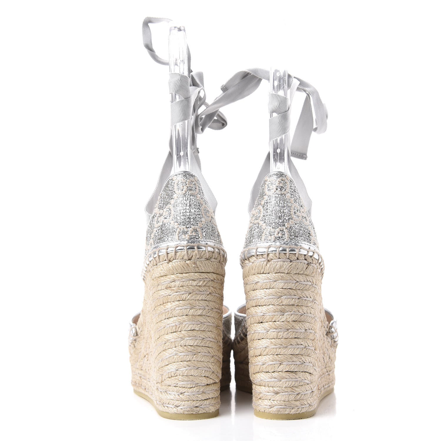 Gucci Lame GG Monogram Ankle Wrap Platform Espadrille Wedges 35.5 Silver Beige Light Grey 5 of 12