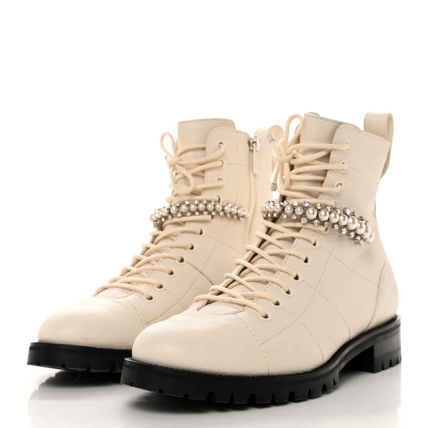 Jimmy Choo Grained Calfskin Crystal Embellished Cruz Combat Boots 39 White 4 of 8