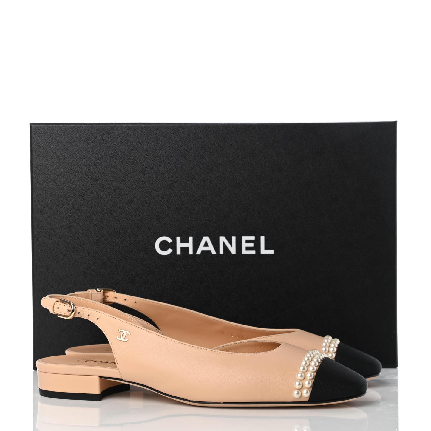 Lambskin Grosgrain Pearl Cap Toe CC Slingback Flats 37.5 Beige Black