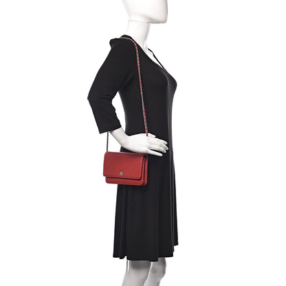 Chanel Lambskin Chevron Quilted Wallet On Chain WOC Red 2 of 15