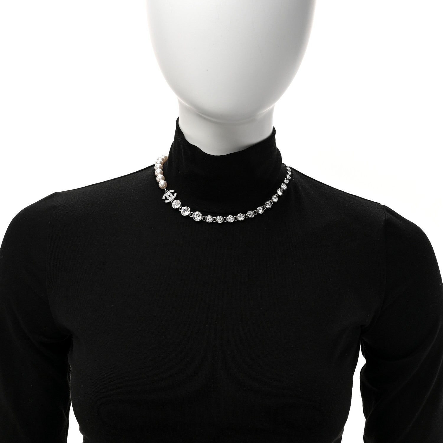Chanel Pearl Crystal CC Choker Necklace Silver 2 of 5