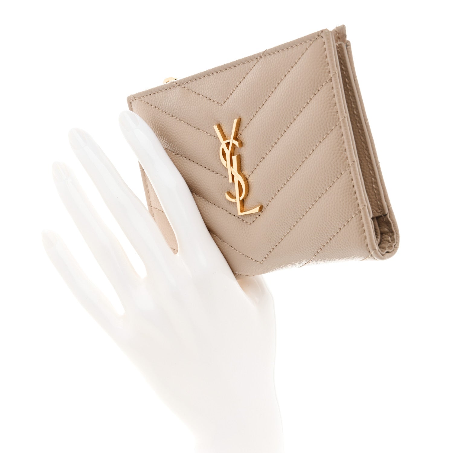 Saint Laurent Grain De Poudre Matelasse Chevron Monogram Zipped Card Case Dark Beige 2 of 8