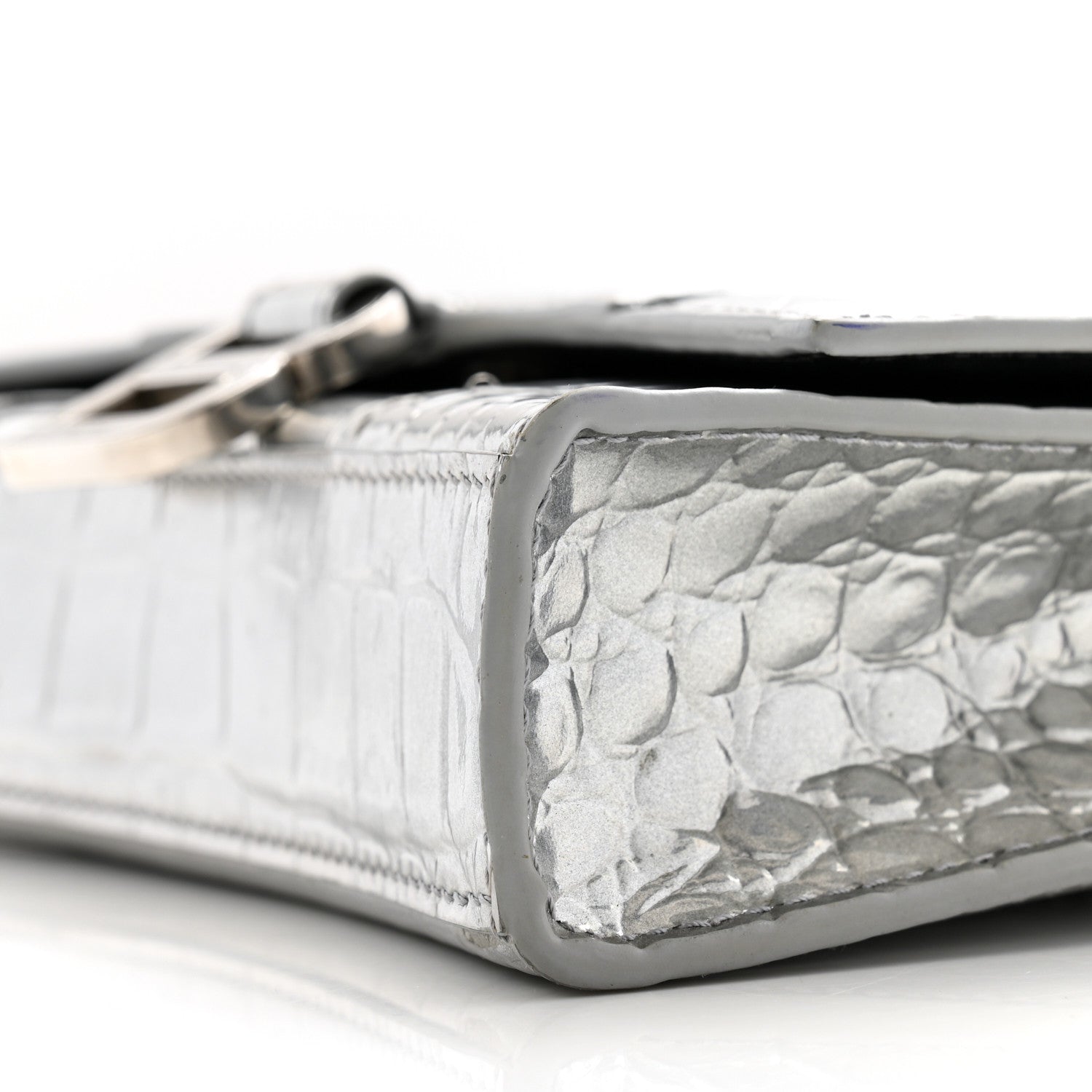 Balenciaga Shiny Calfskin Crocodile Embossed Hourglass Chain Bag Silver 9 of 12