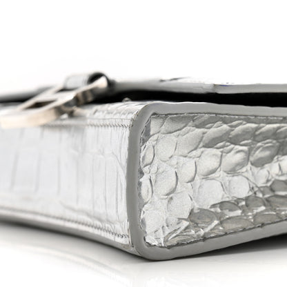 Balenciaga Shiny Calfskin Crocodile Embossed Hourglass Chain Bag Silver 9 of 12