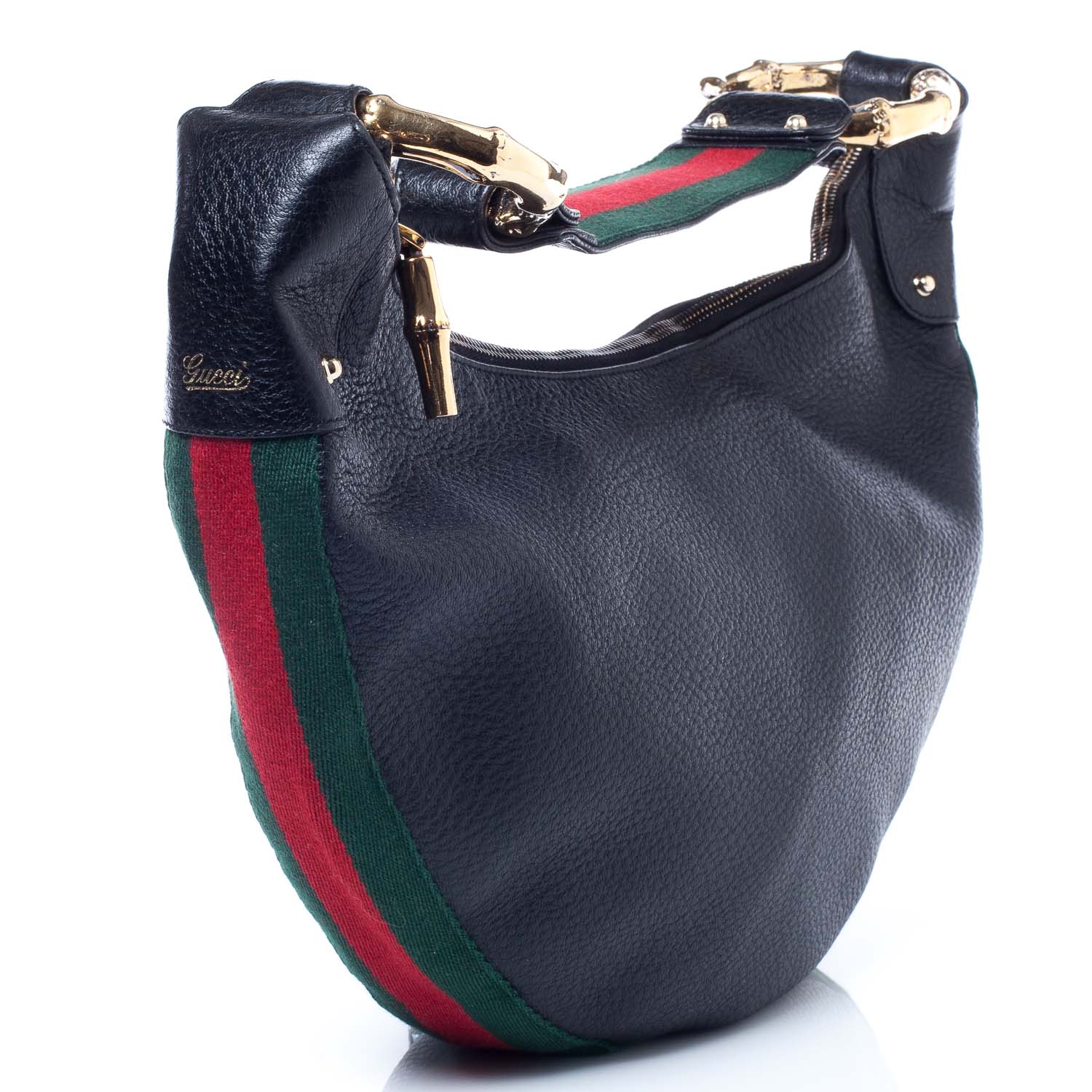 Gucci Pebbled Calfskin Web Bamboo Ring Hobo Black 3 of 9