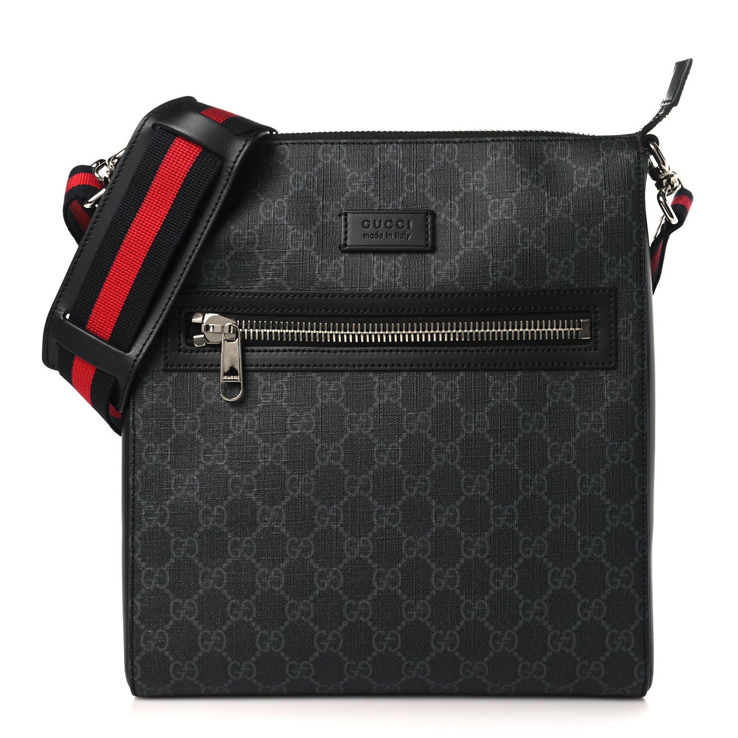 GG Supreme Monogram Appia Calfskin Web Flat Messenger Bag Black Grey