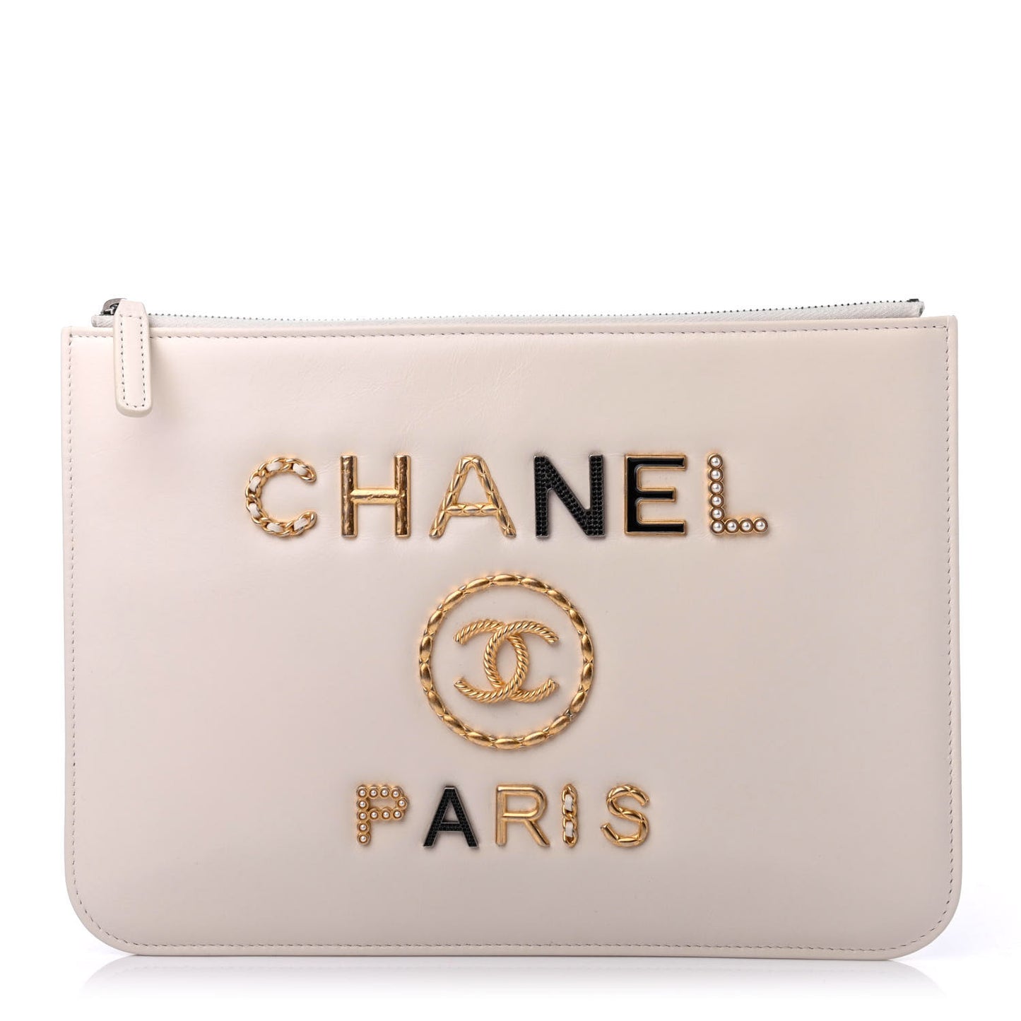 Calfskin Crystal Pearl Logo Cosmetic Case White