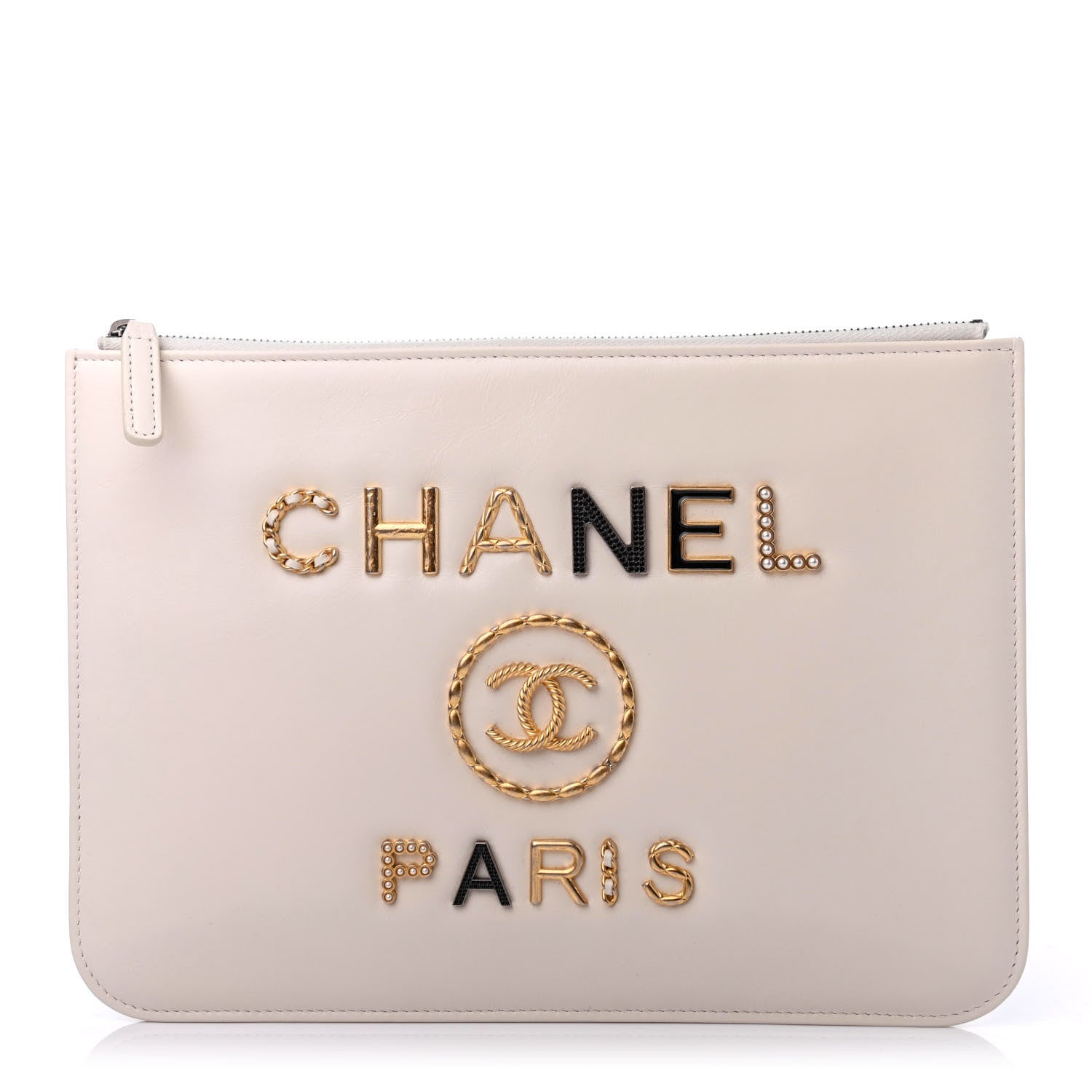 Chanel Calfskin Crystal Pearl Logo Cosmetic Case White 1 of 4