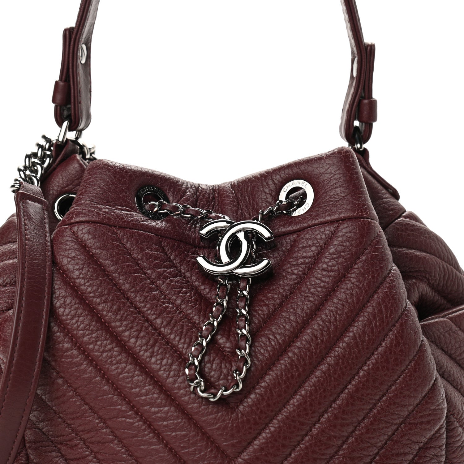 Chanel Deerskin Chevron Medium CC Chain Bucket Drawstring Bag Burgundy 8 of 10