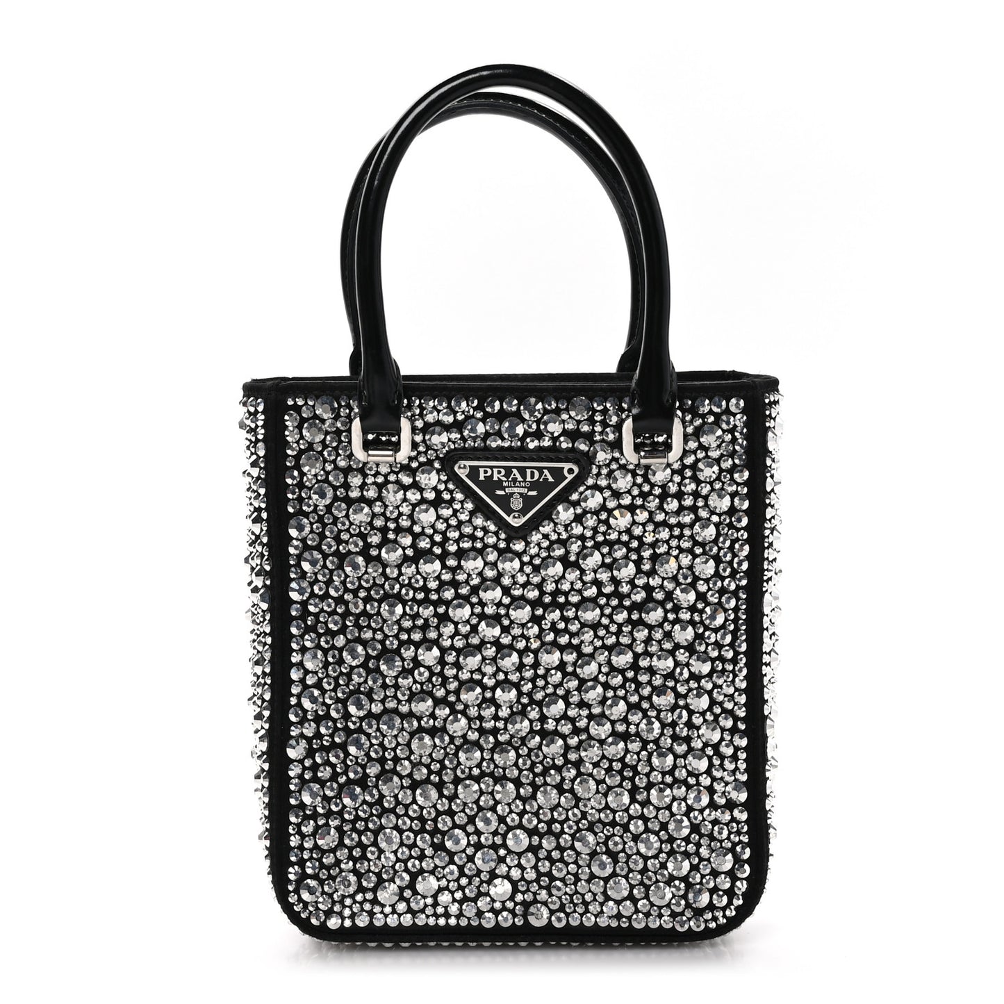 Satin Crystal Metal Triangle Logo Small Double Handle Crossbody Tote Metal
