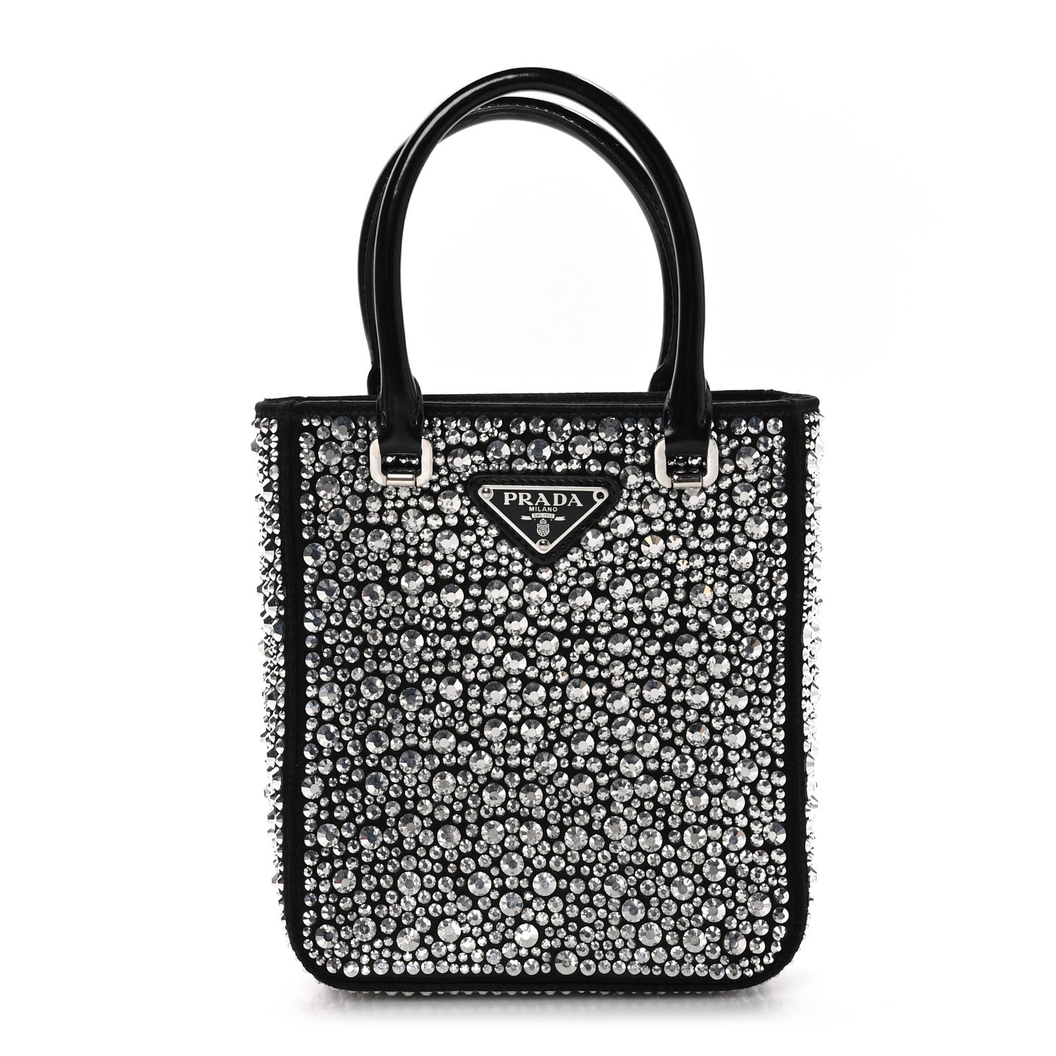 Prada Satin Crystal Metal Triangle Logo Small Double Handle Crossbody Tote Metal 1 of 10
