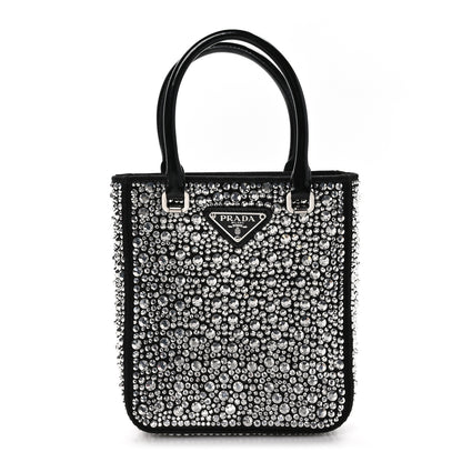 Prada Satin Crystal Metal Triangle Logo Small Double Handle Crossbody Tote Metal 1 of 10