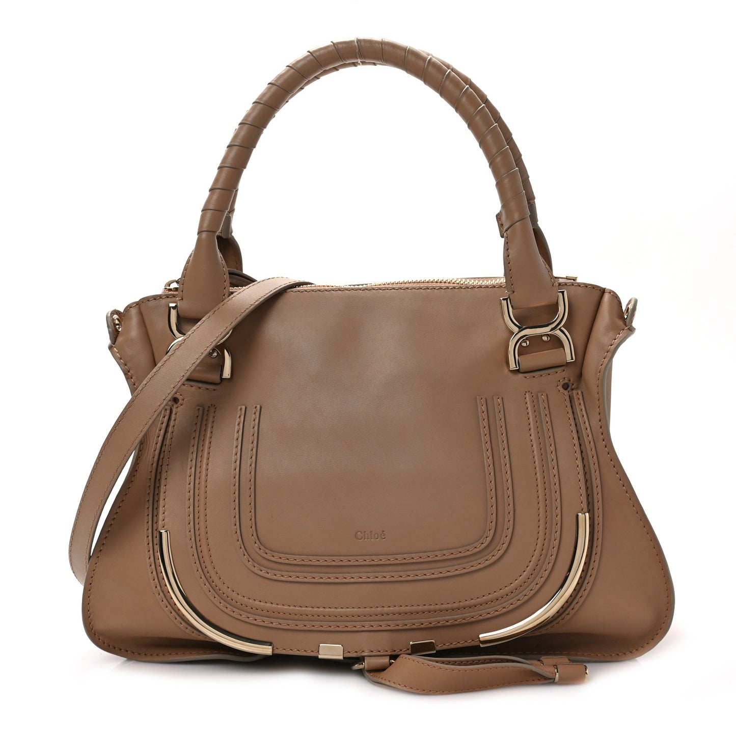 Smooth Calfskin Medium Marcie Metal Bar Trim Satchel Beige